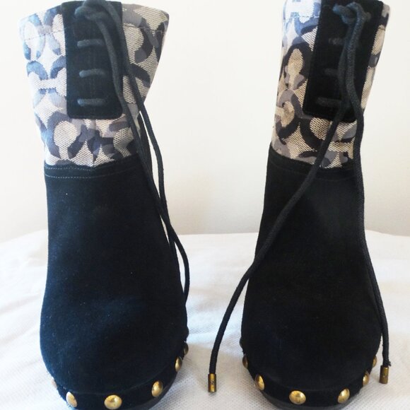 COACH EDIVA Size 7B Boots, Suede Canvas Ankle Platform 4" Heel Booties Studded - Picture 3 of 7